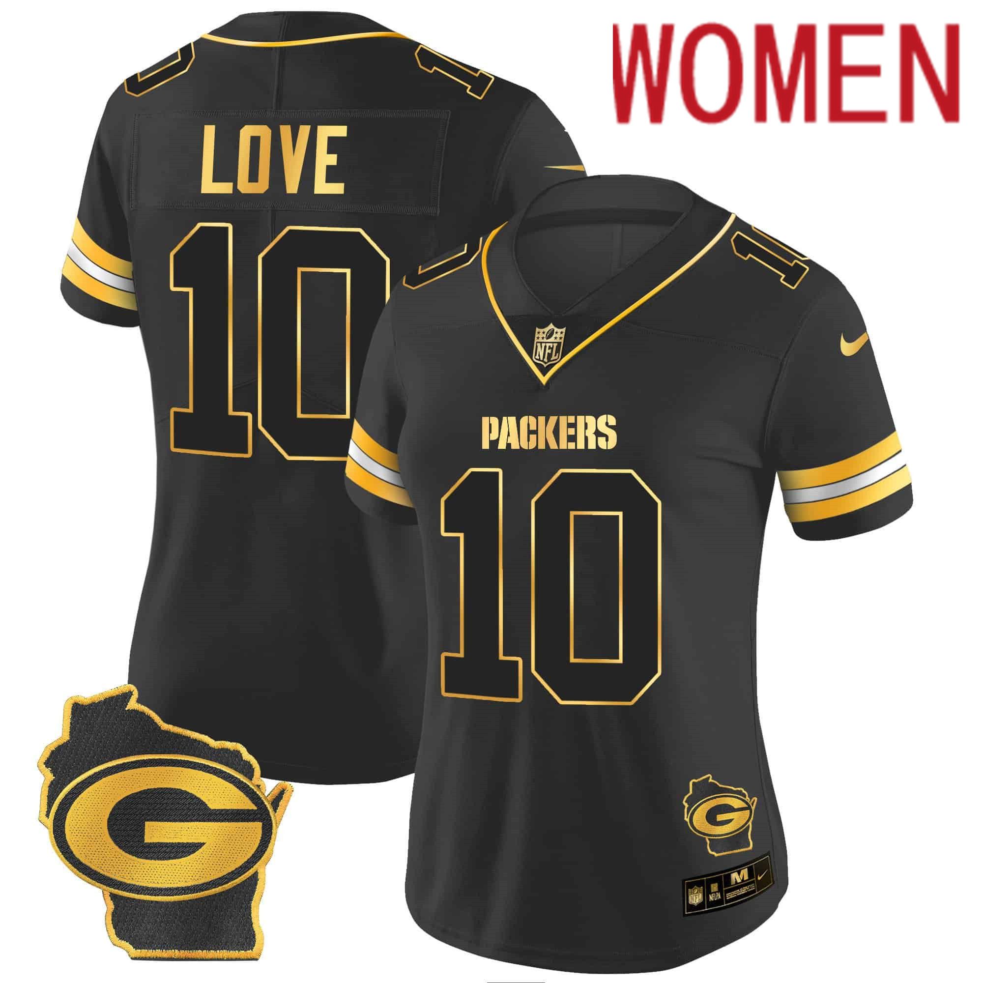 Women Green Bay Packers #10 Love Black Gold 2024 Nike Home Patch Vapor NFL Jersey style 2